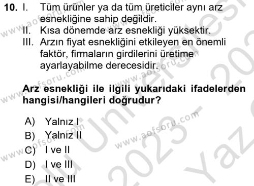 İktisada Giriş 1 Dersi 2023 - 2024 Yılı Yaz Okulu Sınavı 10. Soru