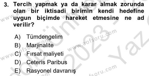 İktisada Giriş 1 Dersi 2023 - 2024 Yılı Yaz Okulu Sınavı 3. Soru