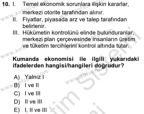 İktisada Giriş 1 Dersi 2024 - 2025 Yılı (Vize) Ara Sınavı 10. Soru