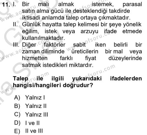 İktisada Giriş 1 Dersi 2024 - 2025 Yılı (Vize) Ara Sınavı 11. Soru