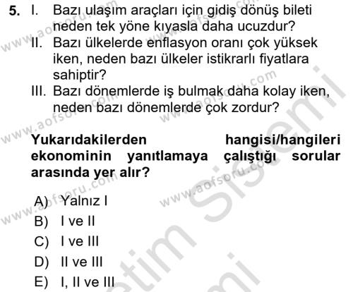 İktisada Giriş 1 Dersi 2024 - 2025 Yılı (Vize) Ara Sınavı 5. Soru