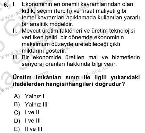 İktisada Giriş 1 Dersi 2024 - 2025 Yılı (Vize) Ara Sınavı 6. Soru