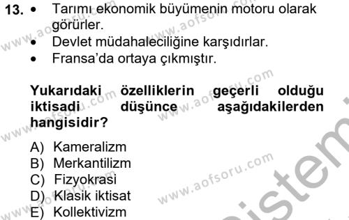 İktisadi Düşünceler Tarihi Dersi 2012 - 2013 Yılı (Vize) Ara Sınavı 13. Soru