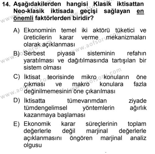 İktisadi Düşünceler Tarihi Dersi 2012 - 2013 Yılı (Final) Dönem Sonu Sınavı 14. Soru
