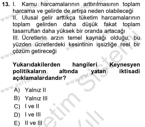 İktisadi Düşünceler Tarihi Dersi 2020 - 2021 Yılı Yaz Okulu Sınavı 13. Soru