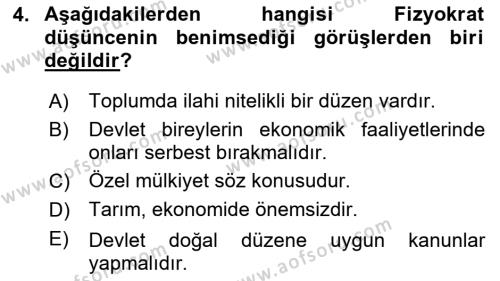 İktisadi Düşünceler Tarihi Dersi 2020 - 2021 Yılı Yaz Okulu Sınavı 4. Soru