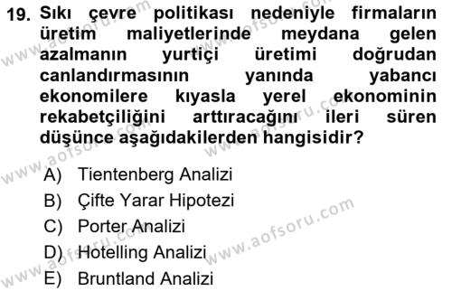 Doğal Kaynaklar ve Çevre Ekonomisi Dersi 2018 - 2019 Yılı 3 Ders Sınavı 19. Soru