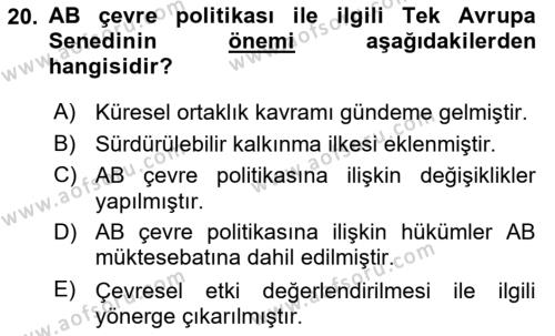 Doğal Kaynaklar ve Çevre Ekonomisi Dersi 2018 - 2019 Yılı 3 Ders Sınavı 20. Soru