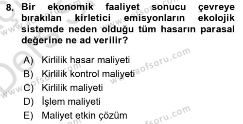 Doğal Kaynaklar ve Çevre Ekonomisi Dersi 2018 - 2019 Yılı 3 Ders Sınavı 8. Soru