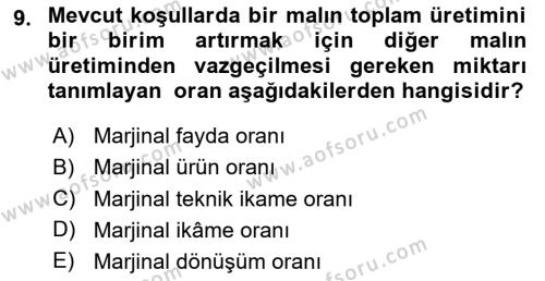 Doğal Kaynaklar ve Çevre Ekonomisi Dersi 2018 - 2019 Yılı 3 Ders Sınavı 9. Soru