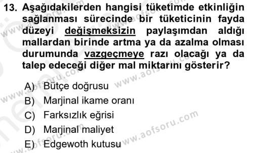 Doğal Kaynaklar ve Çevre Ekonomisi Dersi 2018 - 2019 Yılı (Vize) Ara Sınavı 13. Soru