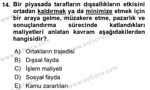 Doğal Kaynaklar ve Çevre Ekonomisi Dersi 2018 - 2019 Yılı (Vize) Ara Sınavı 14. Soru