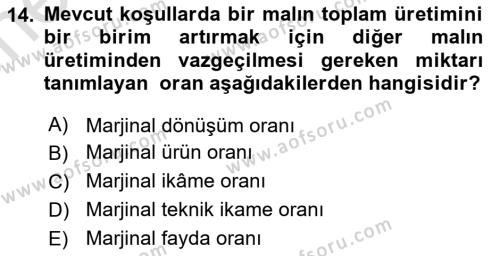 Doğal Kaynaklar ve Çevre Ekonomisi Dersi 2021 - 2022 Yılı (Vize) Ara Sınavı 14. Soru