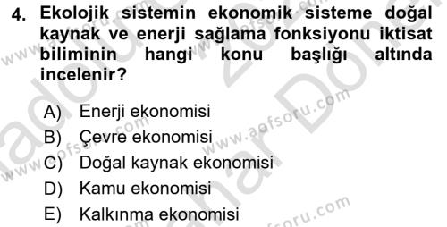 Doğal Kaynaklar ve Çevre Ekonomisi Dersi 2021 - 2022 Yılı (Final) Dönem Sonu Sınavı 4. Soru