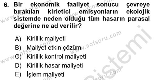 Doğal Kaynaklar ve Çevre Ekonomisi Dersi 2021 - 2022 Yılı (Final) Dönem Sonu Sınavı 6. Soru