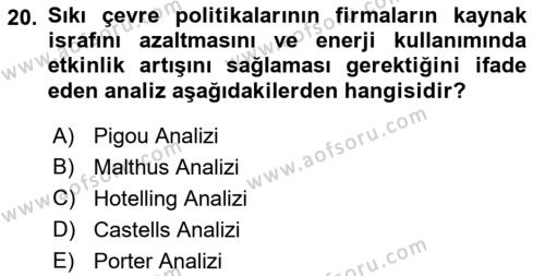 Doğal Kaynaklar ve Çevre Ekonomisi Dersi 2022 - 2023 Yılı Yaz Okulu Sınavı 20. Soru