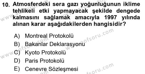 Doğal Kaynaklar ve Çevre Ekonomisi Dersi 2023 - 2024 Yılı (Vize) Ara Sınavı 10. Soru