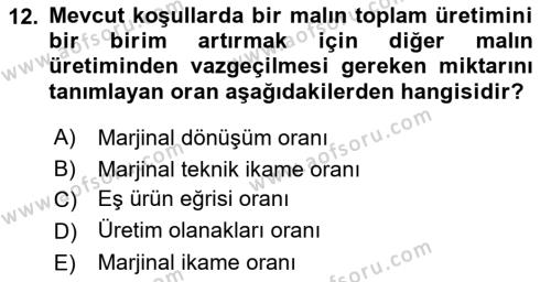 Doğal Kaynaklar ve Çevre Ekonomisi Dersi 2023 - 2024 Yılı (Vize) Ara Sınavı 12. Soru