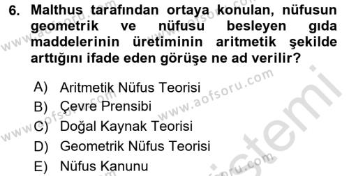 Doğal Kaynaklar ve Çevre Ekonomisi Dersi 2023 - 2024 Yılı (Vize) Ara Sınavı 6. Soru