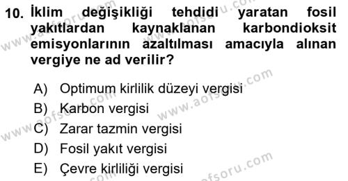 Doğal Kaynaklar ve Çevre Ekonomisi Dersi 2023 - 2024 Yılı (Final) Dönem Sonu Sınavı 10. Soru