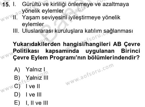 Doğal Kaynaklar ve Çevre Ekonomisi Dersi 2023 - 2024 Yılı (Final) Dönem Sonu Sınavı 15. Soru