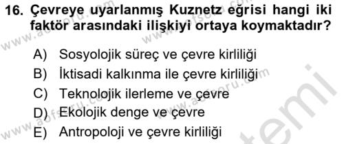 Doğal Kaynaklar ve Çevre Ekonomisi Dersi 2023 - 2024 Yılı (Final) Dönem Sonu Sınavı 16. Soru