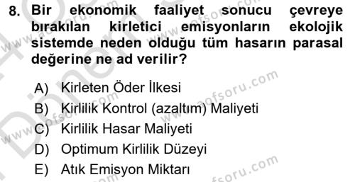 Doğal Kaynaklar ve Çevre Ekonomisi Dersi 2023 - 2024 Yılı (Final) Dönem Sonu Sınavı 8. Soru