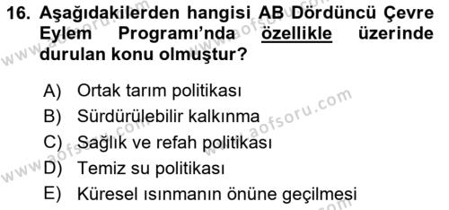 Doğal Kaynaklar ve Çevre Ekonomisi Dersi 2023 - 2024 Yılı Yaz Okulu Sınavı 16. Soru