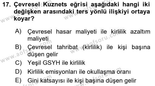 Doğal Kaynaklar ve Çevre Ekonomisi Dersi 2023 - 2024 Yılı Yaz Okulu Sınavı 17. Soru