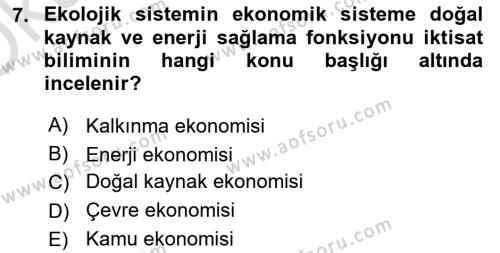 Doğal Kaynaklar ve Çevre Ekonomisi Dersi 2023 - 2024 Yılı Yaz Okulu Sınavı 7. Soru