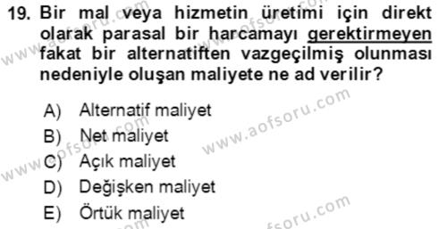 Mikro İktisat Dersi 2019 - 2020 Yılı (Vize) Ara Sınavı 19. Soru