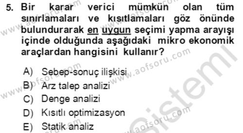 Mikro İktisat Dersi 2019 - 2020 Yılı (Vize) Ara Sınavı 5. Soru