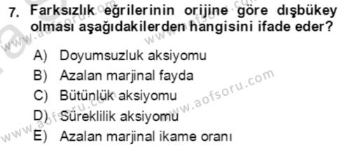 Mikro İktisat Dersi 2019 - 2020 Yılı (Vize) Ara Sınavı 7. Soru