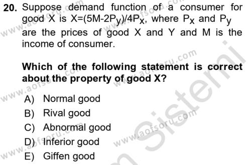 Microeconomic Theory Dersi 2022 - 2023 Yılı (Vize) Ara Sınavı 20. Soru
