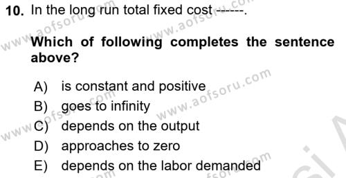 Microeconomic Theory Dersi 2022 - 2023 Yılı Yaz Okulu Sınavı 10. Soru