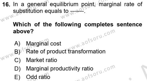 Microeconomic Theory Dersi 2023 - 2024 Yılı (Final) Dönem Sonu Sınavı 16. Soru