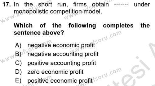 Microeconomic Theory Dersi 2023 - 2024 Yılı Yaz Okulu Sınavı 17. Soru