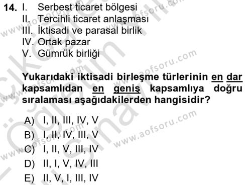 Uluslararası İktisat Dersi 2021 - 2022 Yılı Yaz Okulu Sınavı 14. Soru