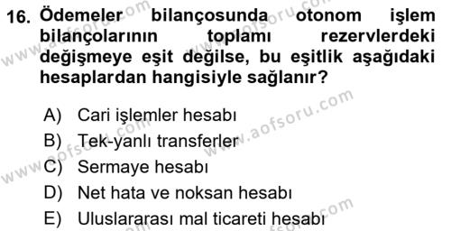 Uluslararası İktisat Dersi 2021 - 2022 Yılı Yaz Okulu Sınavı 16. Soru