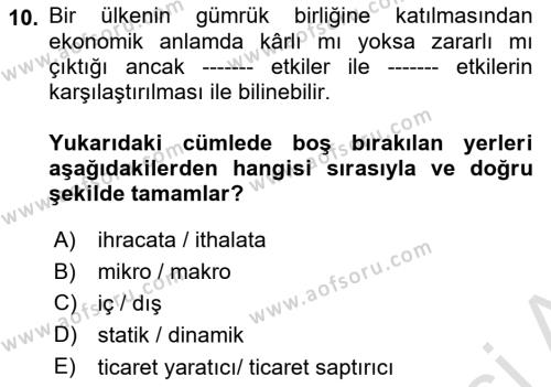 Uluslararası İktisat Dersi 2022 - 2023 Yılı (Final) Dönem Sonu Sınavı 10. Soru