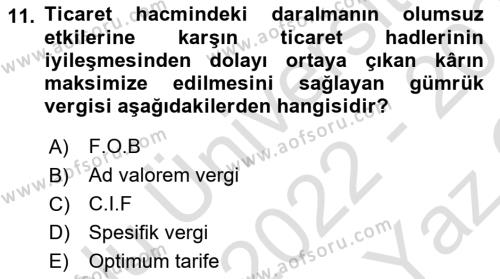 Uluslararası İktisat Dersi 2022 - 2023 Yılı Yaz Okulu Sınavı 11. Soru