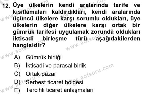 Uluslararası İktisat Dersi 2022 - 2023 Yılı Yaz Okulu Sınavı 12. Soru