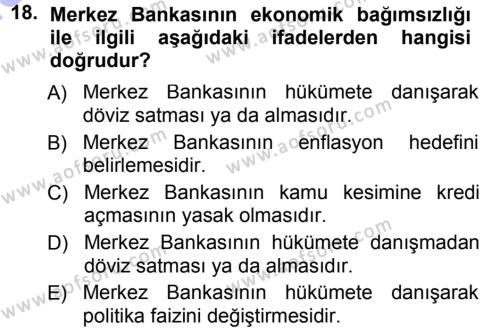 Para ve Banka Dersi 2013 - 2014 Yılı (Final) Dönem Sonu Sınavı 18. Soru