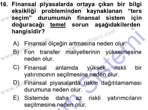 Para ve Banka Dersi 2015 - 2016 Yılı (Vize) Ara Sınavı 16. Soru