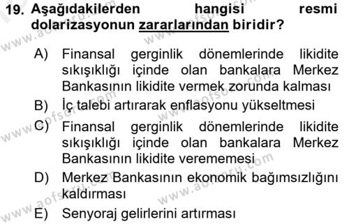 Para ve Banka Dersi 2017 - 2018 Yılı (Final) Dönem Sonu Sınavı 19. Soru