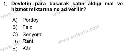 Para ve Banka Dersi 2023 - 2024 Yılı Yaz Okulu Sınavı 1. Soru