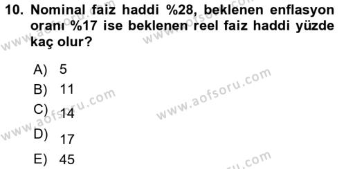 Para ve Banka Dersi 2023 - 2024 Yılı Yaz Okulu Sınavı 10. Soru