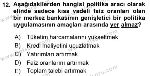 Para ve Banka Dersi 2023 - 2024 Yılı Yaz Okulu Sınavı 12. Soru