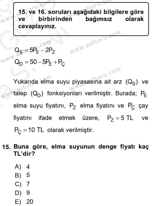 Matematiksel İktisat Dersi 2018 - 2019 Yılı (Vize) Ara Sınavı 15. Soru