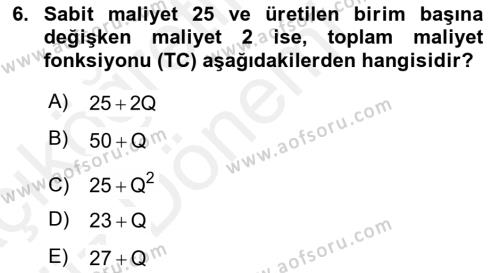 Matematiksel İktisat Dersi 2018 - 2019 Yılı (Vize) Ara Sınavı 6. Soru